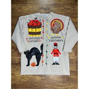 Vintage 90s Fall, Halloween, Thanksgiving & Christmas Theme Sweatshirt 1x Beige